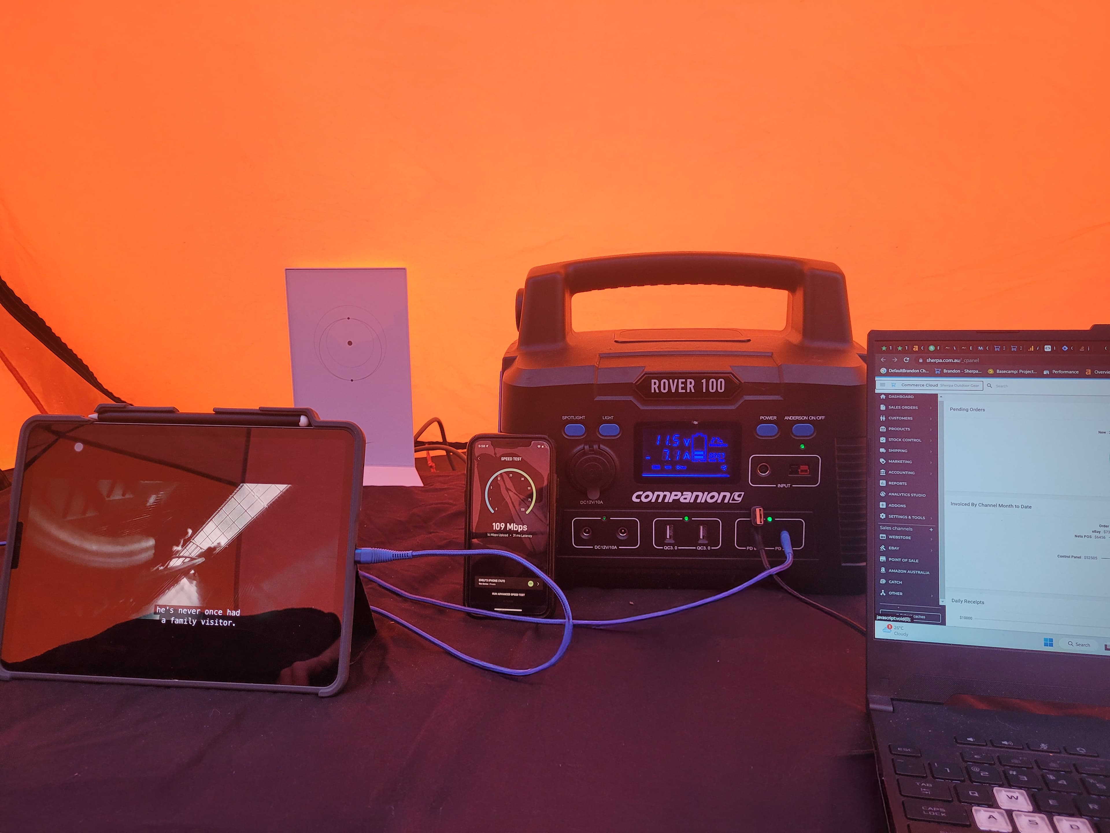 Camping electronics and solar panels setup