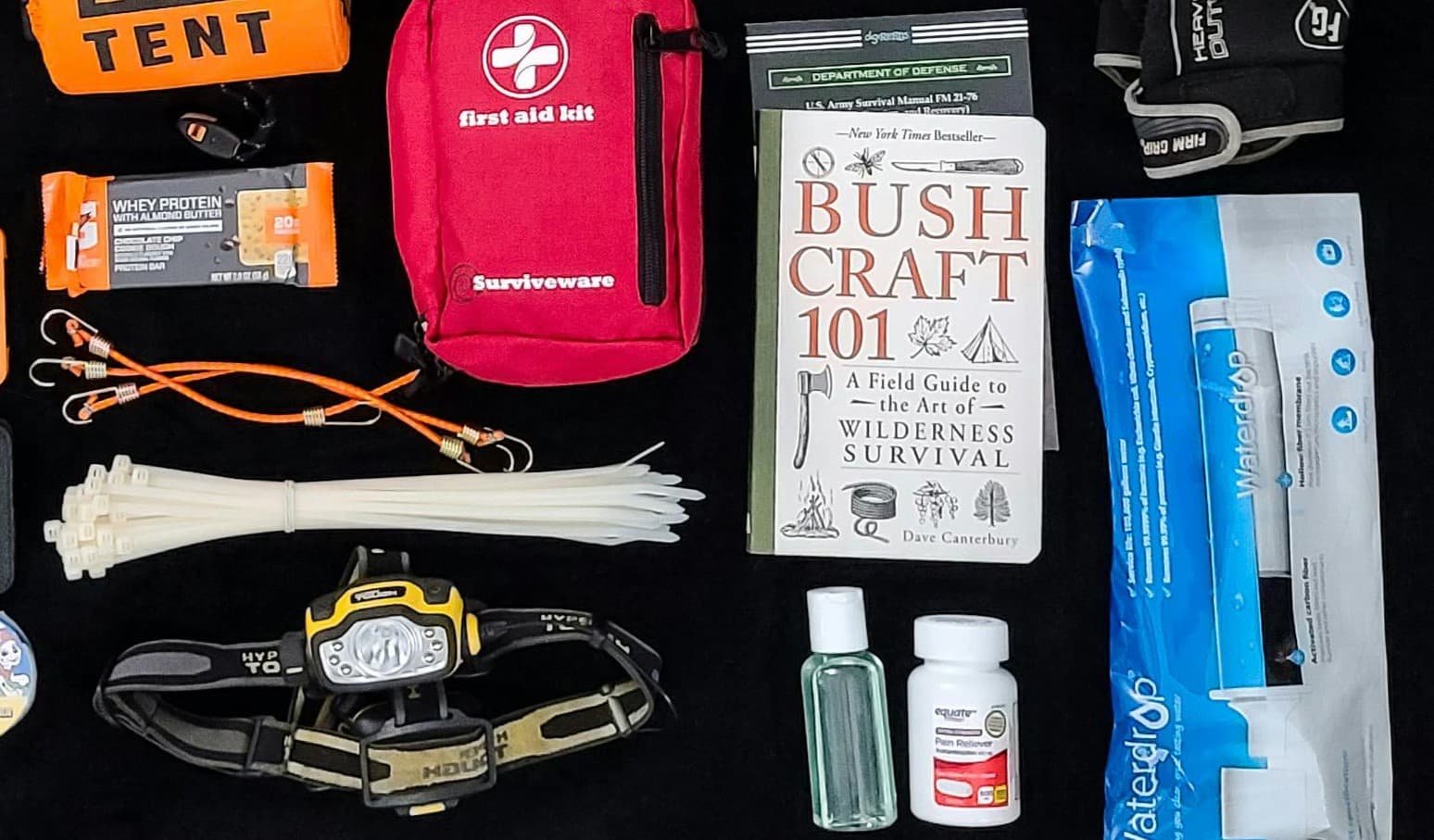 Camping utilities and tools laid out